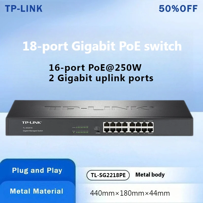 

TL-LINK 18-портовый гигабитный коммутатор PoE 16-портовый PoE при 250 Вт + 2 гигабитных порта Uplink, сетевой разветвитель для мониторинга подключения к работе