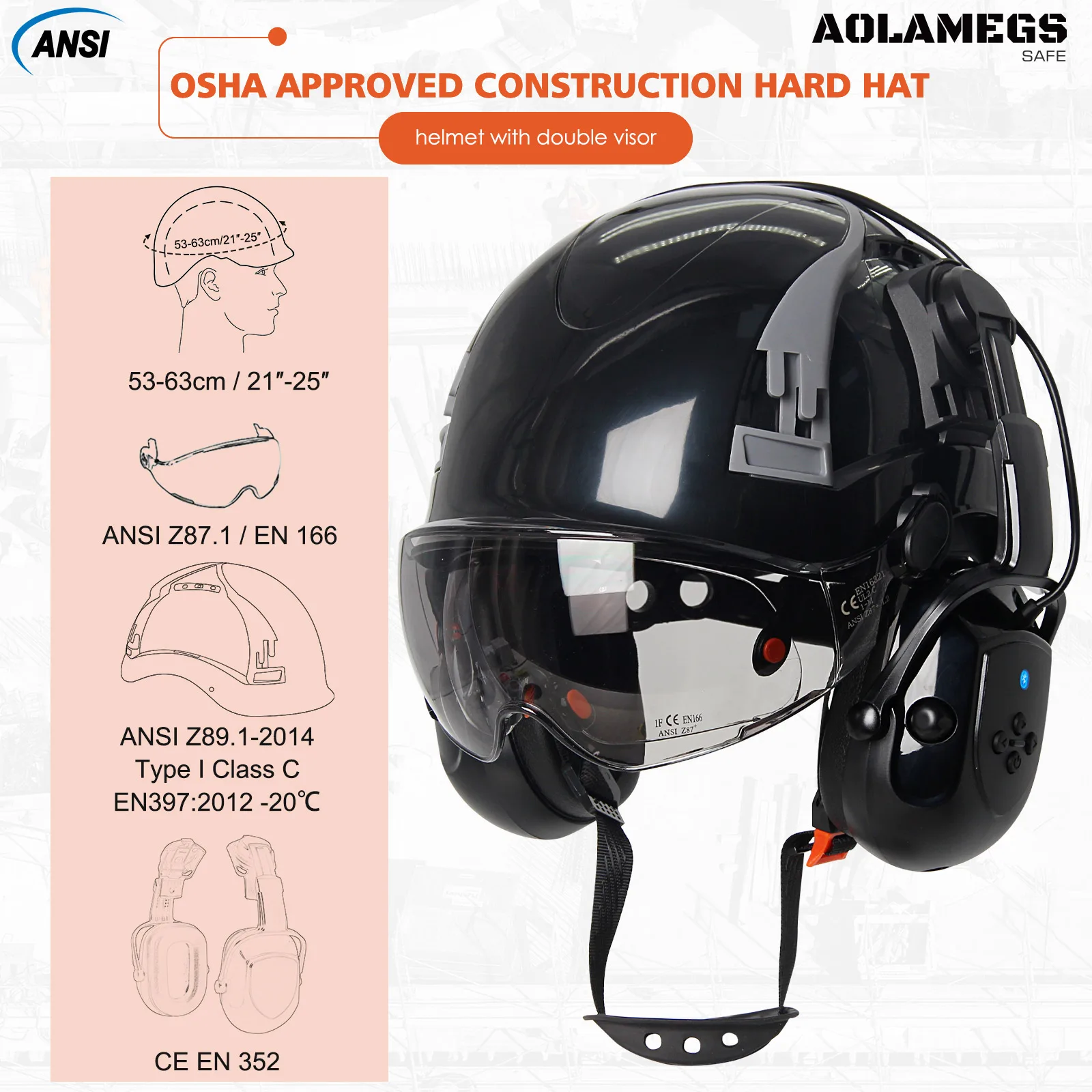 CE Safety Helmet with 5.0 Bluetooth Earmuffs Built-In Goggles ABS ANSI Construction Engineer Work Hat Head Protection Hard Hat N