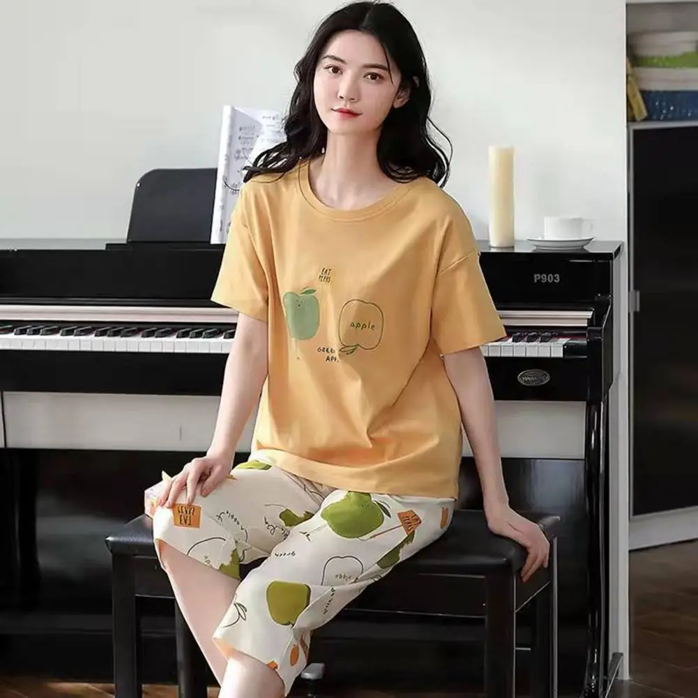 2Pcs/Set Women Pajamas Set Short Sleeve O-Neck Elastic Waistband Girls Summer Cartoon Print T-shirt Crop Pants Set Homewear