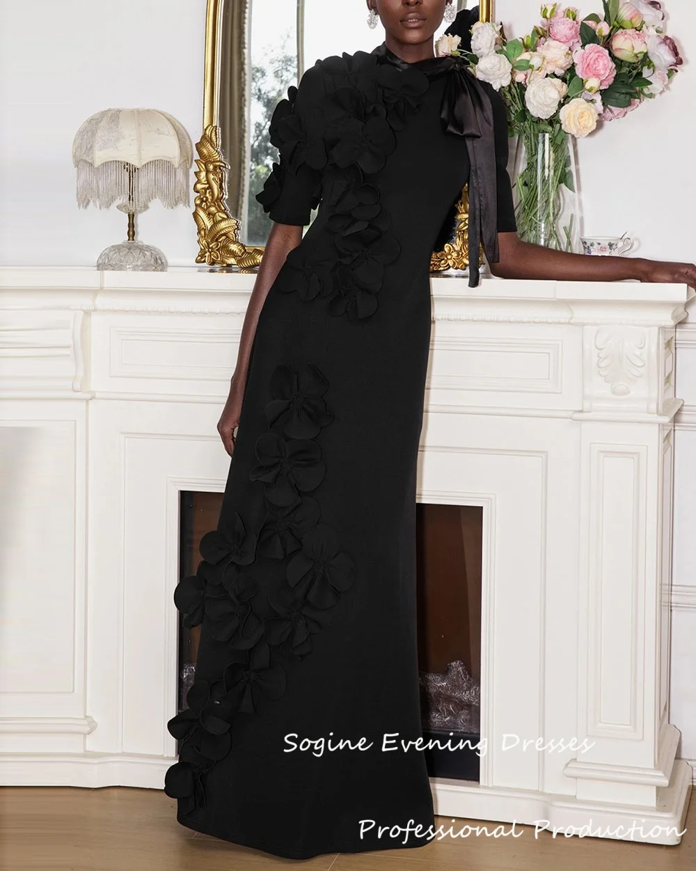 فساتين سهرة كريب للنساء بأكمام قصيرة فستان كوكتيل عالي الخصر مع زينة ثلاثية الأبعاد فستان رسمي