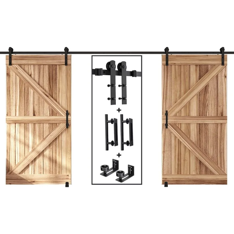 

14-футовый комплект двойной направляющей для раздвижной двери сарая и ручки, прямой шкив, плавно тихое скольжение, простая установка
