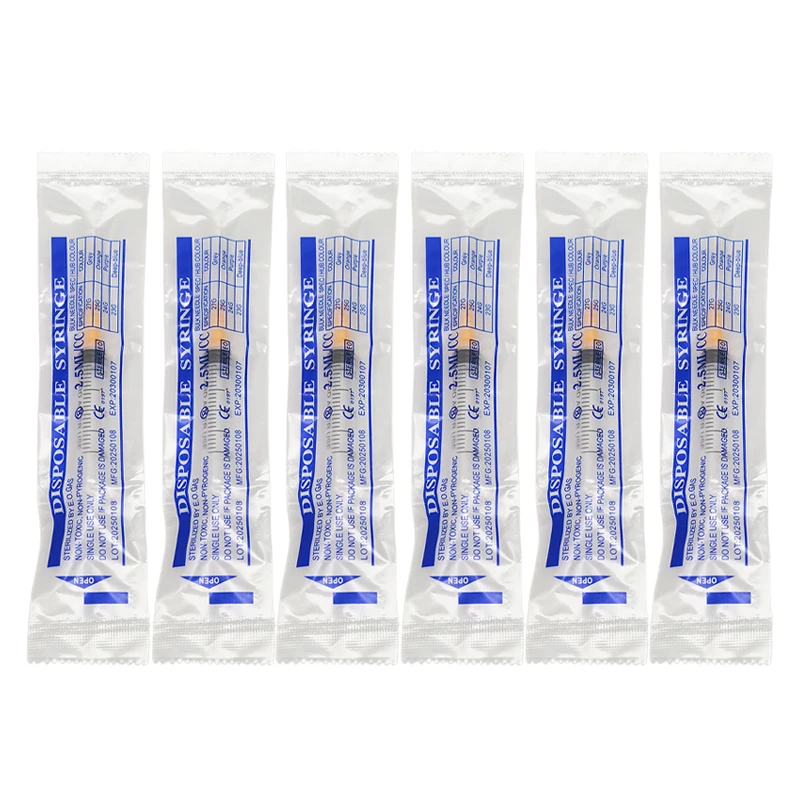 Siringa antiscivolo Luer diaposabile da 100 pezzi 2,5 ml/cc con ago 25G 1 pollice sterile confezionata singolarmente per erogazione industriale, uso da laboratorio