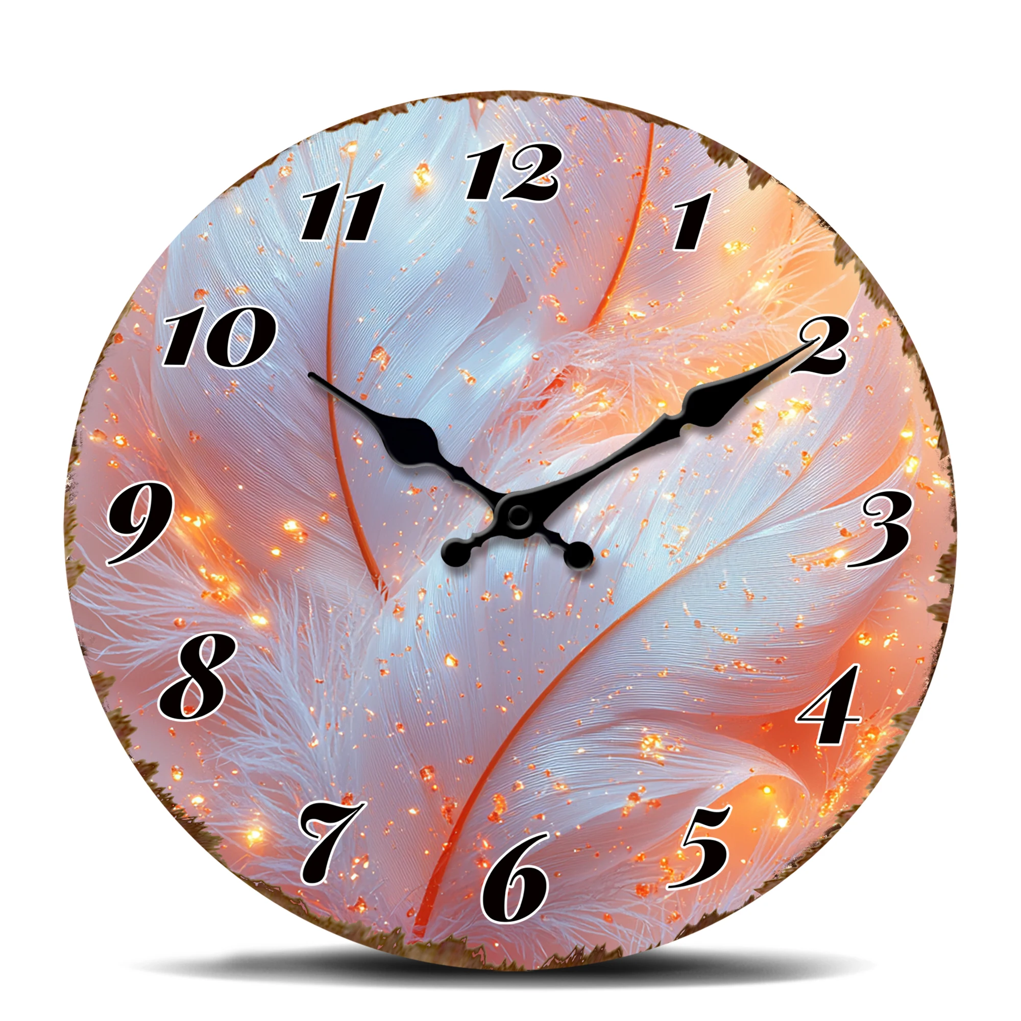 Runde Wanduhr mit leuchtenden rosa und weißen Federn, verträumtes abstraktes Dekor, stille Quarzuhr mit funkelnden Lichteffekten usw