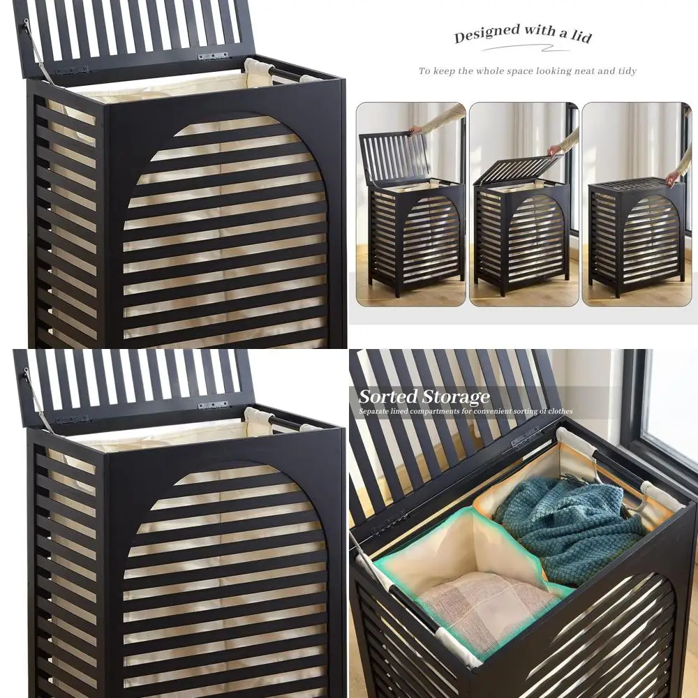 

Bamboo Lidded Laundry Basket with Removable 2-Section Liner, Large Storage for Home, Ideal for Towels, Sheets, and Toys (Black)