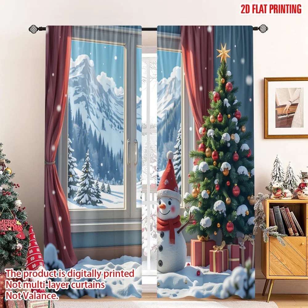 

2pcs 2D flat printing Christmas Party Curtain Snowman Christmas Winter Scene 100% Polyester Fabric Without Electricity Festive