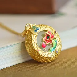 Ethnic style exquisite enamel lotus flower pendant natural Hotan Jade necklace ancient gold craft can open the Gawu box jewelry