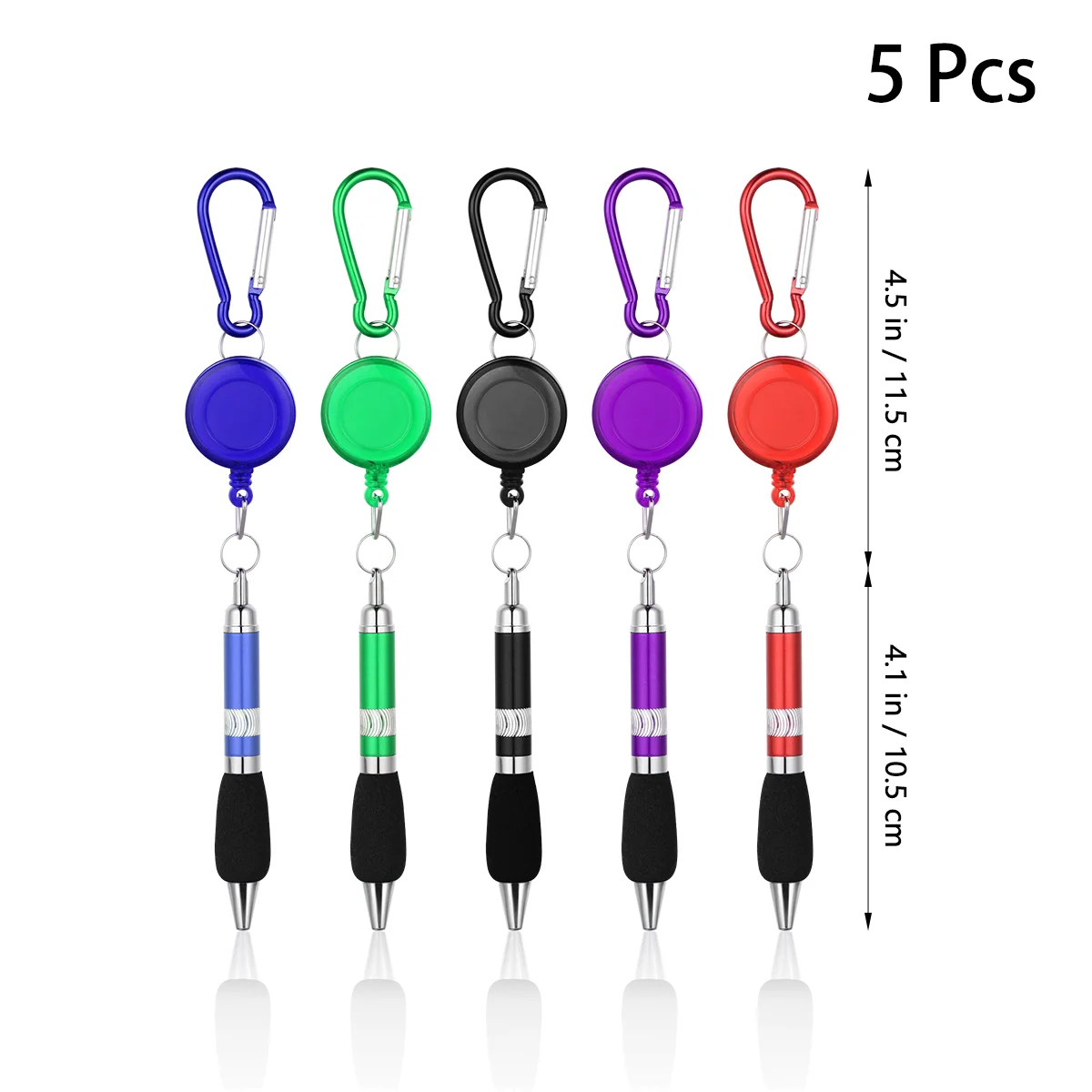 TinkSky 5PCS 3-in-1 Handy Retractable Badge Reel Pen with Belt Clip Keychain and Carabiner (Random Color and Blue Refill)