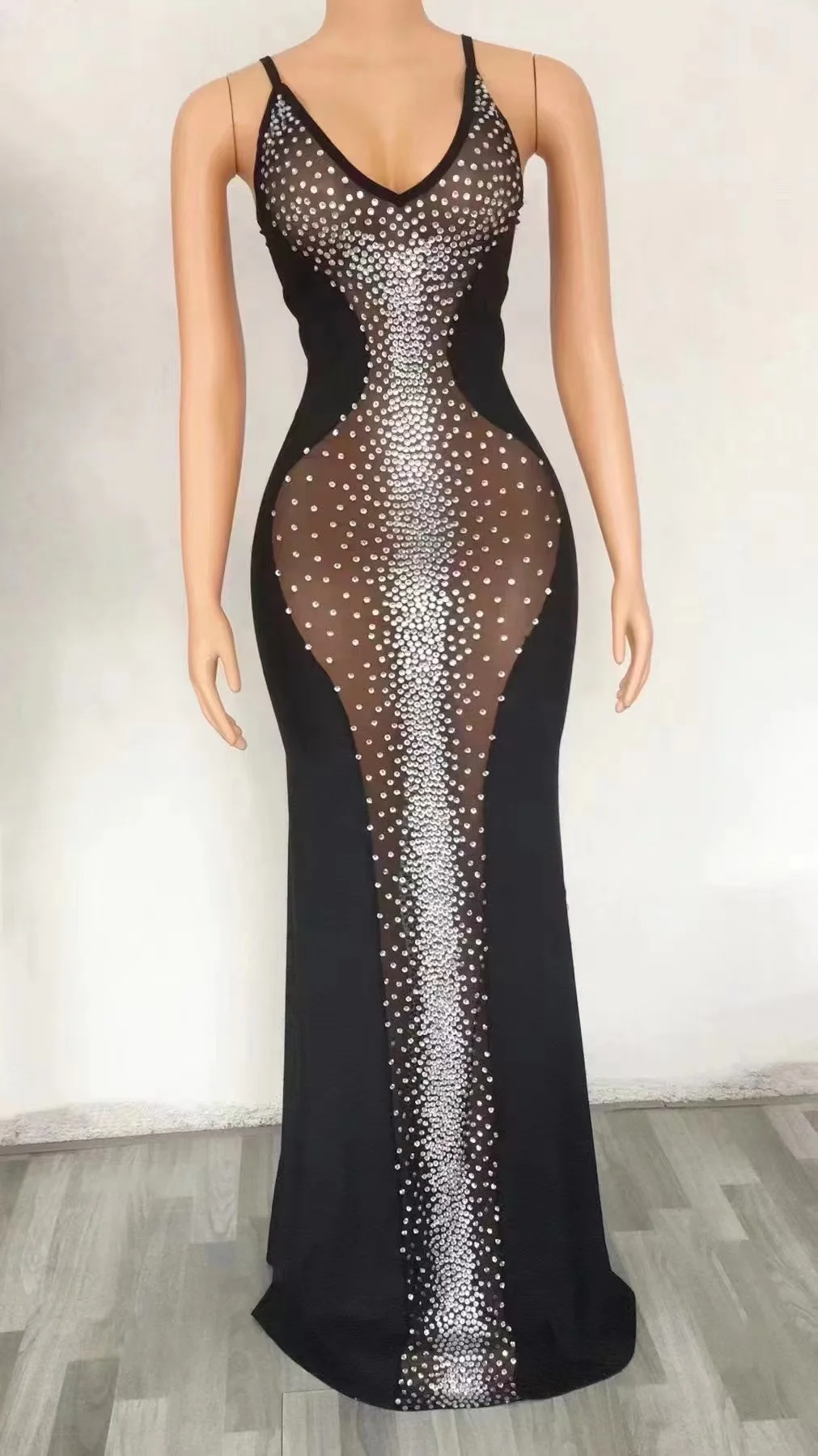 Customized High Shoulder  Mesh lace Transparent High Elastic Sequins Sexy Tight Dress Birthday Party  Dress Performance Dress