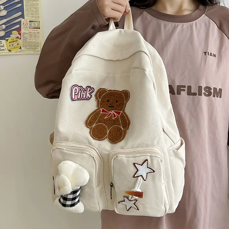 Cute Bear Bone Backpack Kawaii Large Capacity Japanese Girl Heart Casual Joker High Value Retro Student Commuter Schoolbag Light