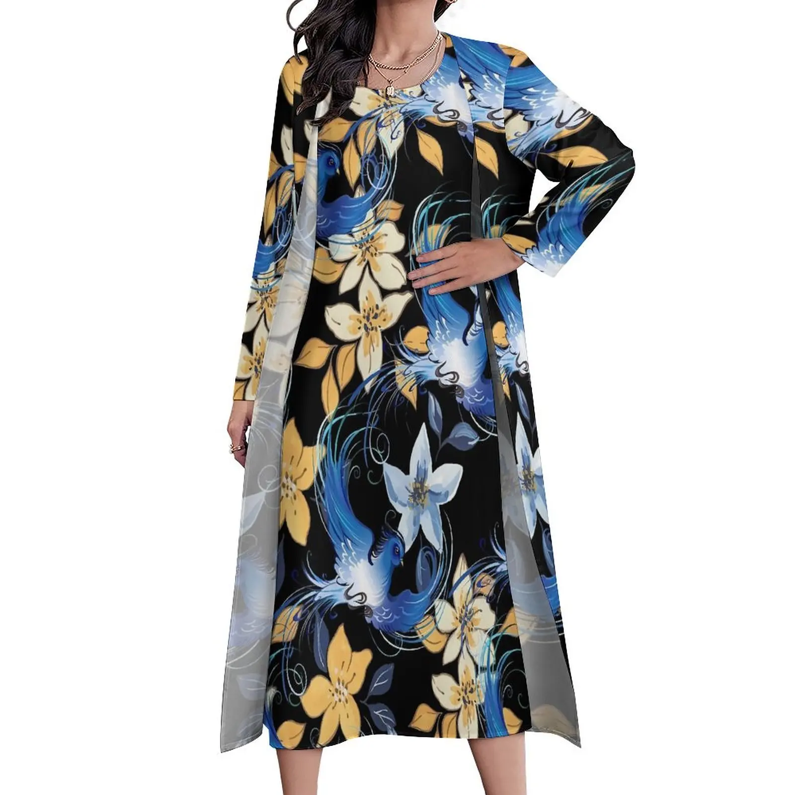 

Blue Bird Dress Spring Flowers Print Street Wear Bohemia Long Dresses Womens Printed Party Maxi Dress Big Size 4XL 5XL