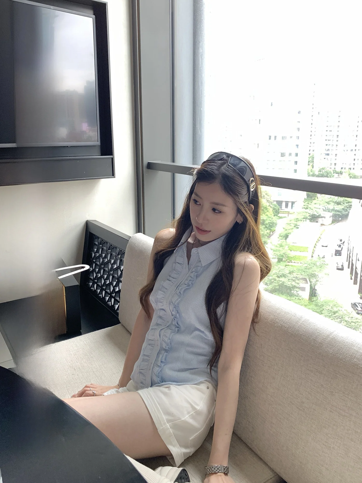 

Летний синий топ Hhi из чистого хлопка для женщин, приталенный, с дизайнерским акцентом, повседневный, Dr Lotus Le