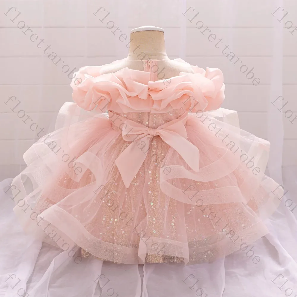 Customized Pink Flower Girl Dress A Line Short Off Shoulder Ruffle Sleeve Sequin Tulle Layered Wedding Kids Party Princess Gown
