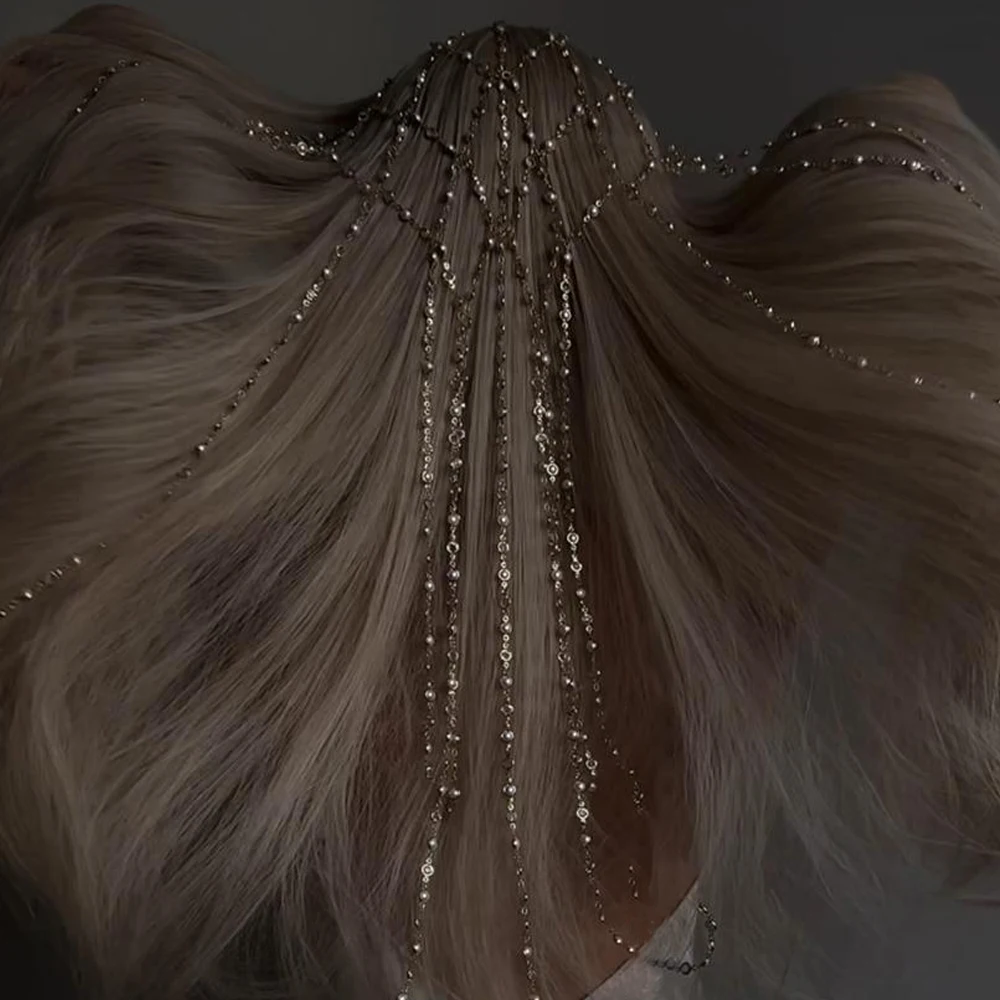 

Fashion Round Pearl Tassel Headband Tiara Women Hair Accessories Indian Bride Long Rhinestone Head Chain Hat Wedding Wig Jewelry