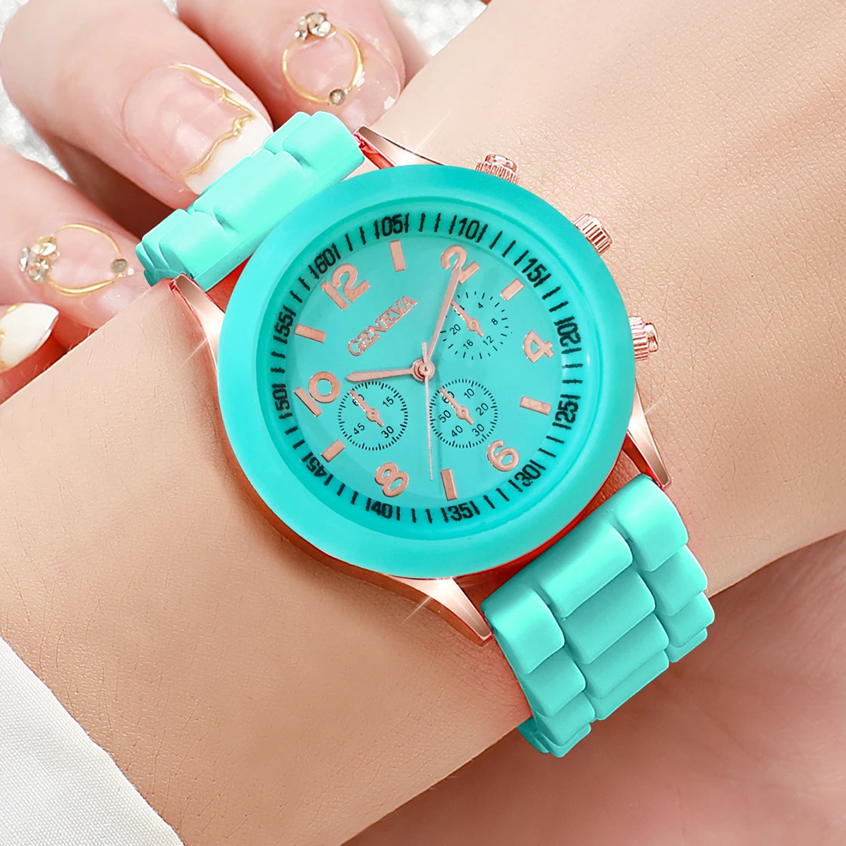 3PCs/Set Women\'s Candy Color Watch Fashion Silicone Quartz Watch Black and White Green Jewelry Set