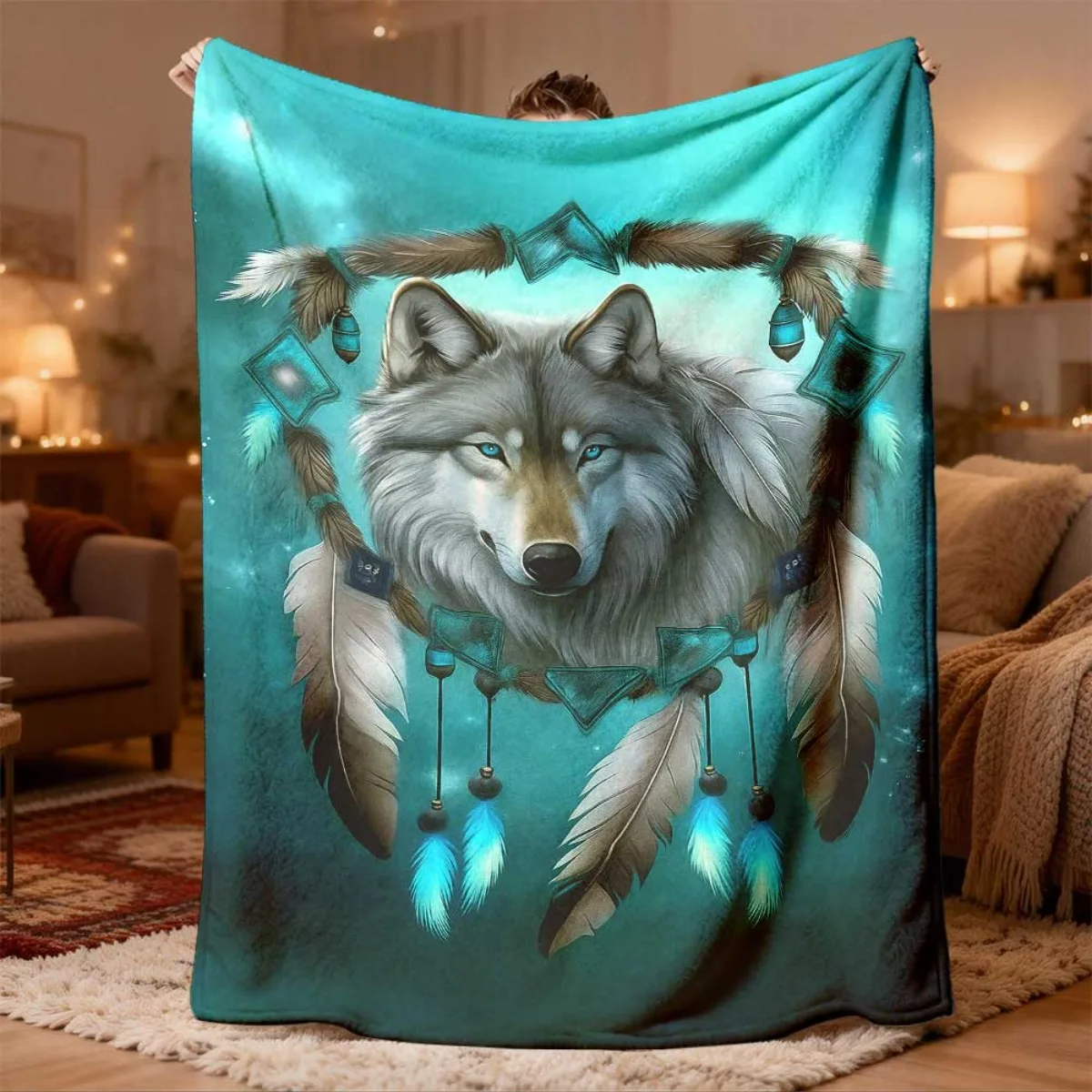 Cozy Wolf Print Boho Throw Blanket Fleece Winter Plaid Flannel Throw 150x200cm Woodland Spirit Gift