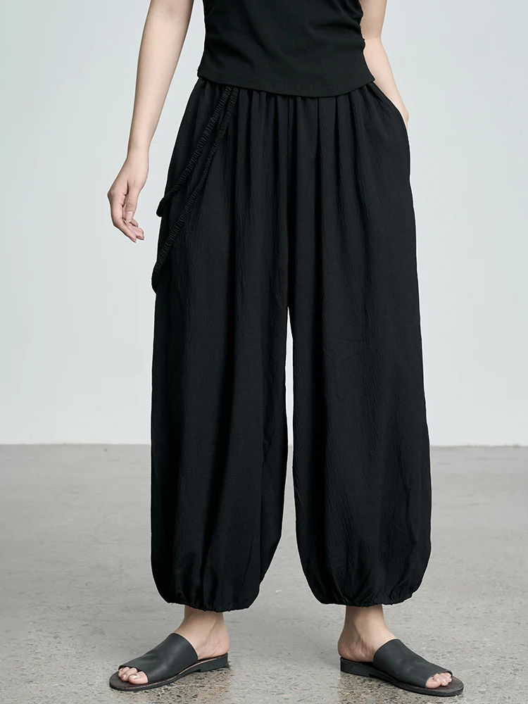 Slimming High Waist Casual Pants Nine Points Side Tie Design Straight Leg Dark Color Women's Fashion Summer Cotton Trousers