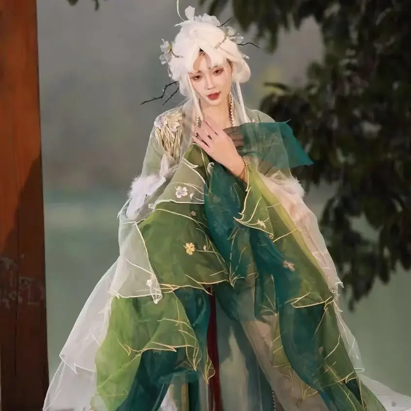 

Spring God Dress Suit Green Embroidered Hanfu Heavy Industry Embroidered Big Sleeve Shirt With Waist Up Immortal Style Han Dress