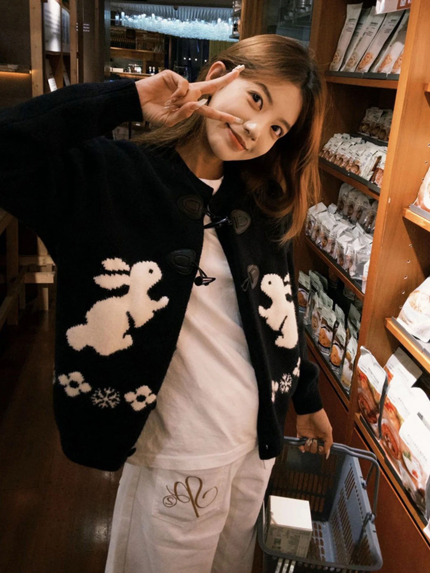 

Sweet American Sle Rabbit Corner Button Sweater Women Winter New Year Soft Lazy Sle Open Cardigan Coat Casual Loose Fit