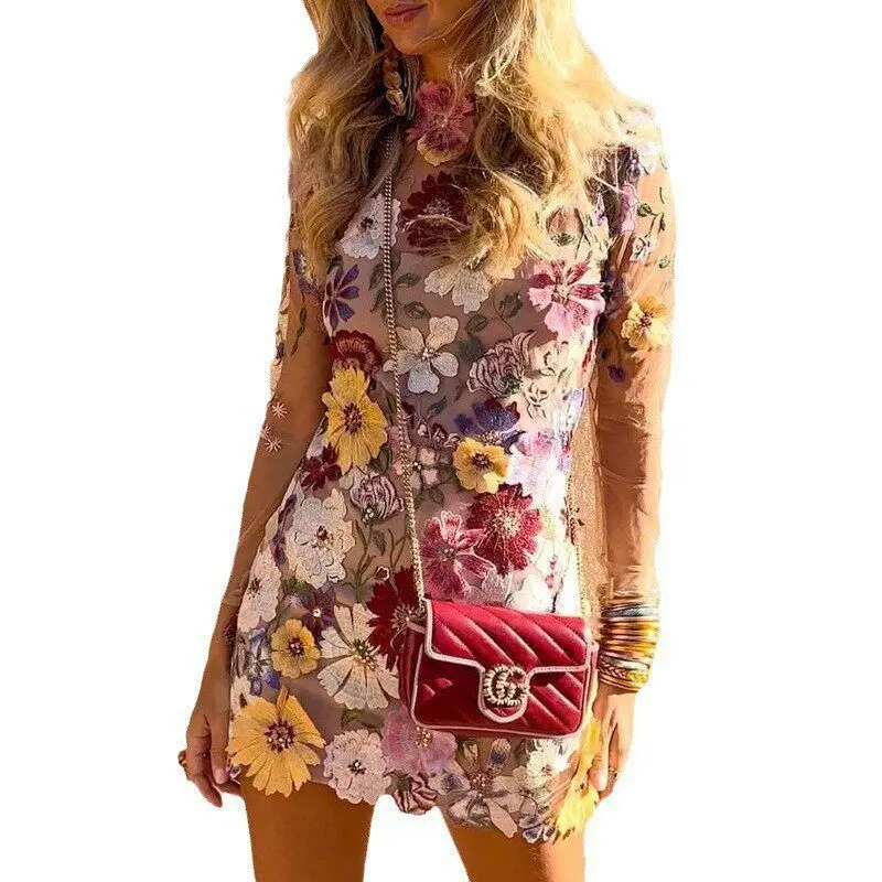 Jupe sexy en filet de dentelle brodée Dr taille haute corps ajusté a 2025 Direct Ss t-shirt transfrontalier-dimensionnel F...