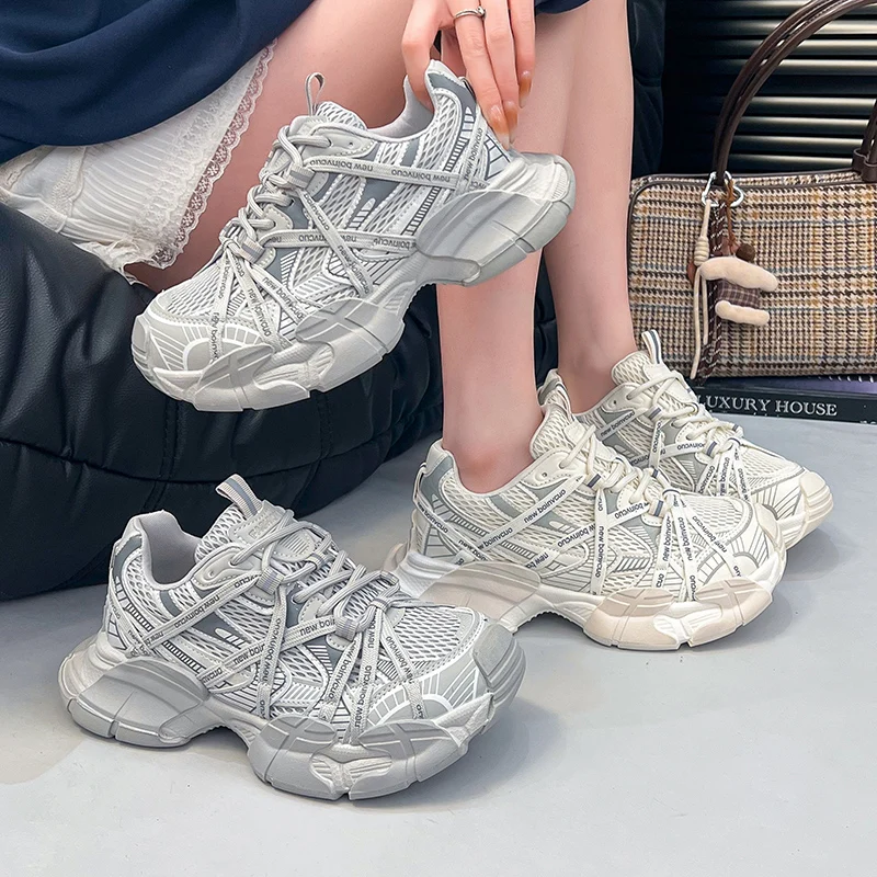 Women Mesh Dad Sneakers Lace‑Up Thick Chunky Sole Breathable Lightweight Casual Sports Shoes Multicolor Outdoor Daily Footwear