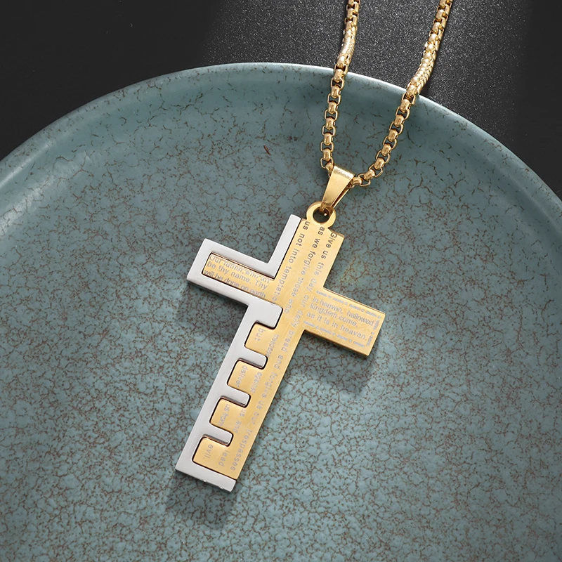 Stainless Steel Classic Christian Bible Cross Pendant Jesus Amulet Necklace for Men Women Catholic Prayer Faith Jewelry Gifts