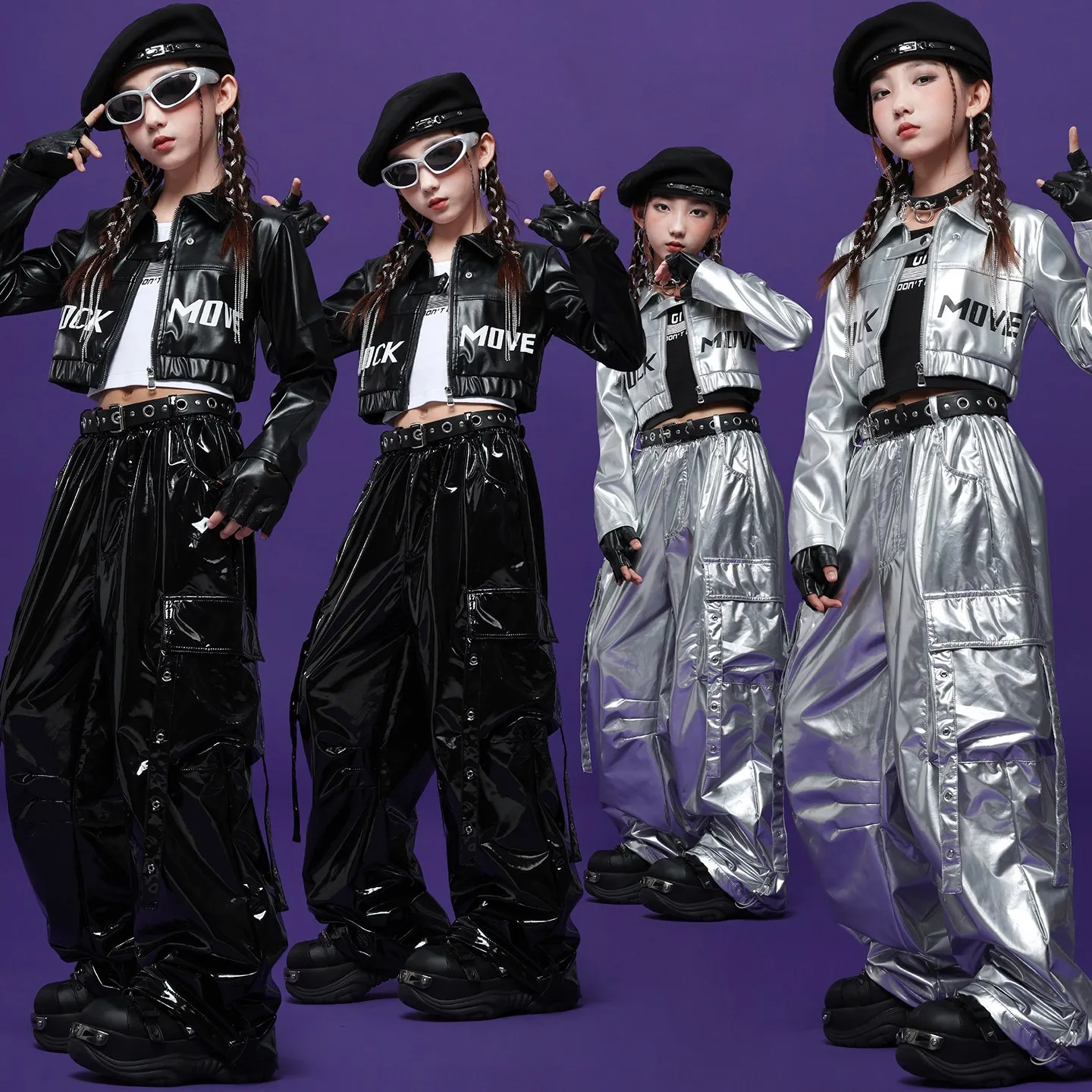 

Костюм для джазовых танцев для девочек, детский черный, серебристый кожаный костюм, куртка, брюки-карго, одежда для выступлений в стиле хип-хоп, сценический наряд Kpop BL17132