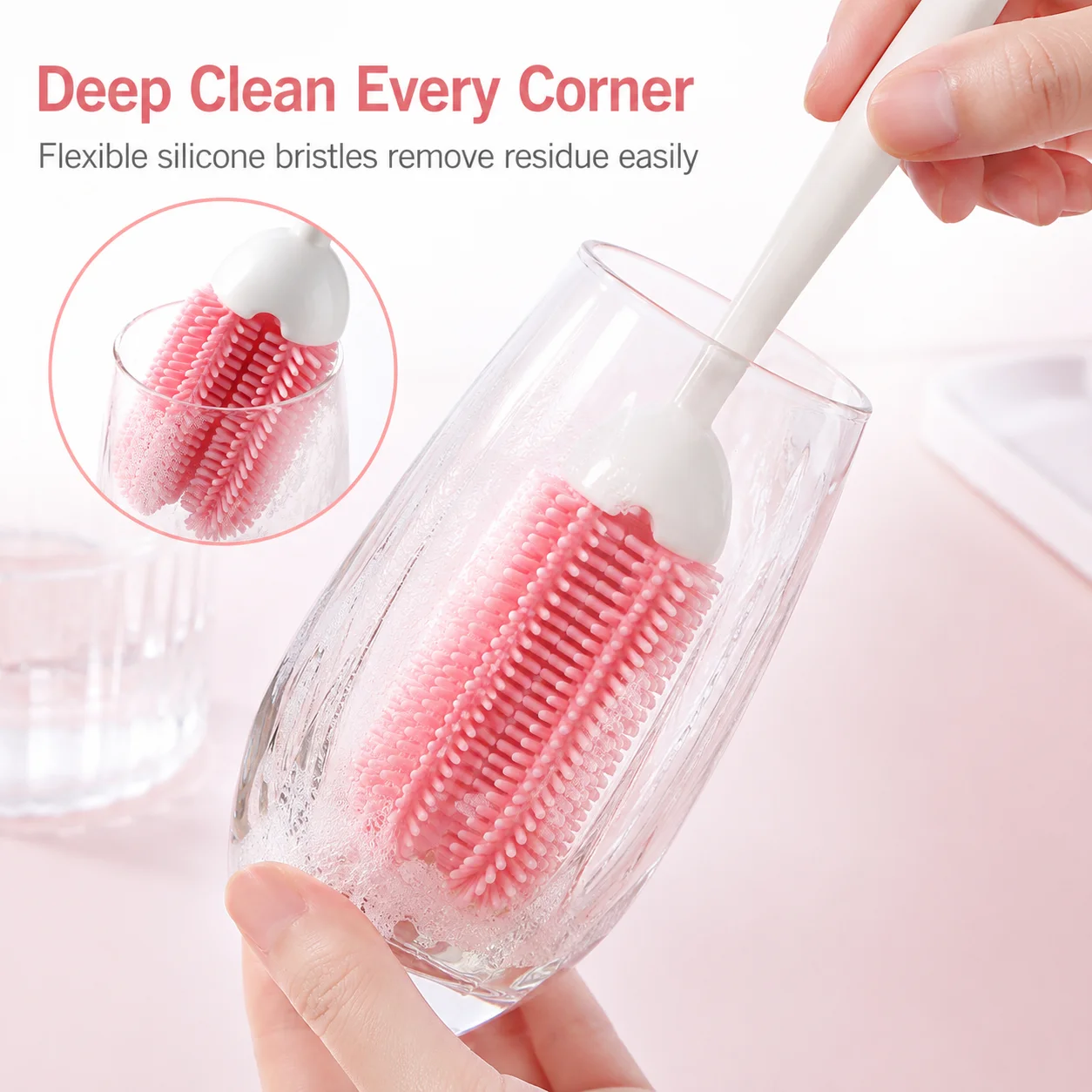 2 in 1 Bottle Cleaning Brush Silicone Cup Washer with Straw Brush for Water Bottles Glasses Tumblers Mugs Kitchen Cleaning Tool