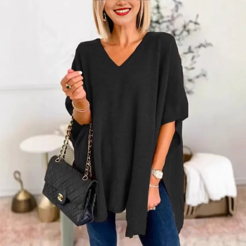 

European and American New Women's Batwing Sleeve Knitted Solid ColorvLoose Pullover Sweater with Collar, Shawl Style Fas