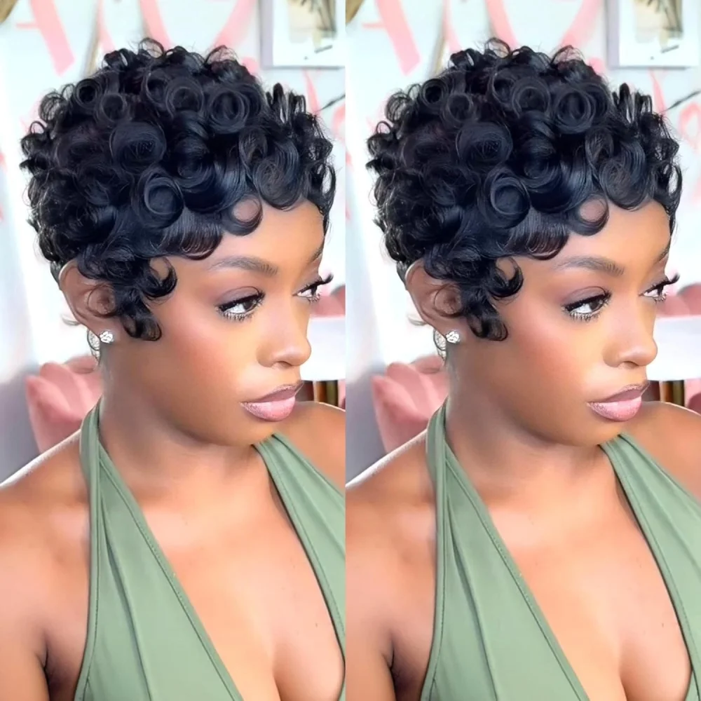 Short Pixie Cut Human Hair Wig Color 4# Short Curly Style Summer Machine Made Short Layered Pixie Cut Curly Wig With Bangs