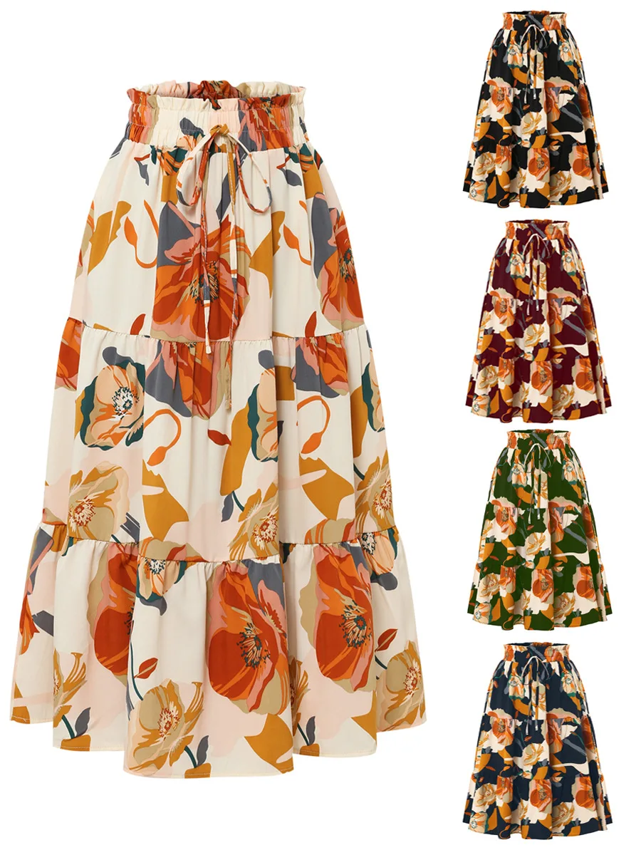 

2025 New Retro Large Floral Print Skirt High Waist Drawstring Elastic Waist Tiered Midi Skirt Hide Hips Slim