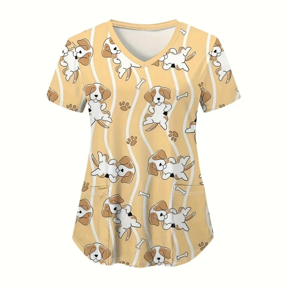 Scrub Donna medica Simpatico animale Cartoon Modello Microelastico Scollo a V Veterinario Spa Infermieristica Maniche corte Top Uniformi mediche da donna