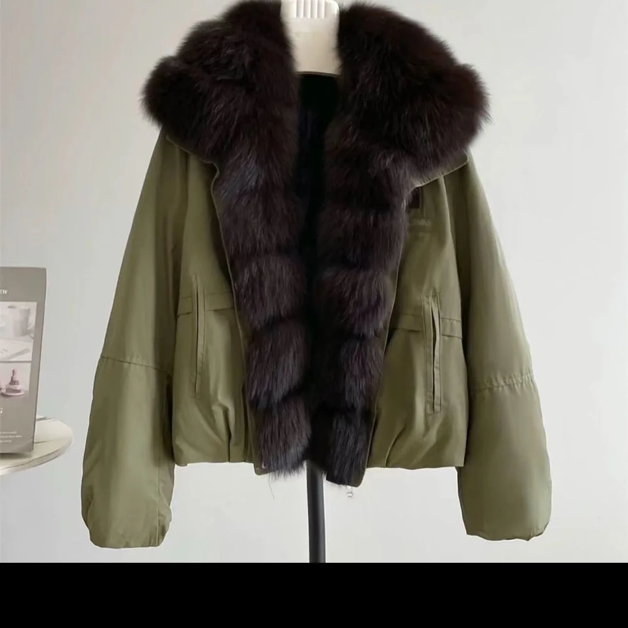 

New Women's Brown Fur Collar Cotton Jaet ort Thi Warm Outerwear Spring Season Commute Sle Loose Fit Zipper Closure