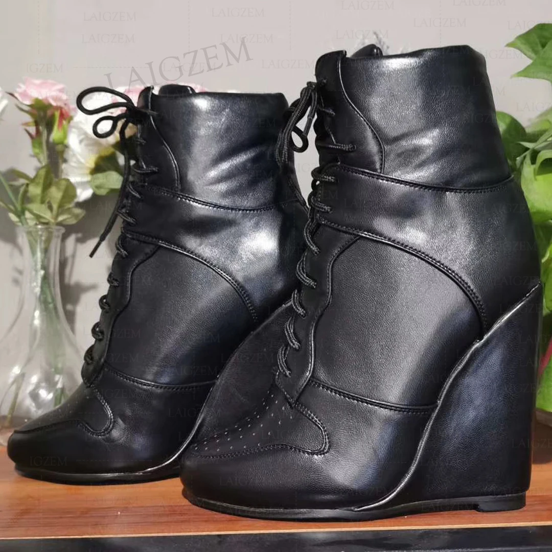 SEIIHEM Women Ankle Boots Wedges Faux Leather Round Toe Heels Short Boots Lace Up Ladies Handmade Shoes Woman Plus Size 40 45 47