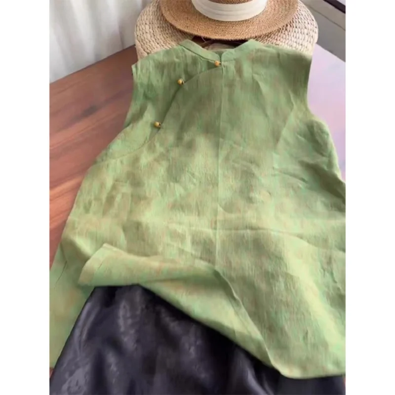 

New Chinese Sle een Linen Women's Top Summer 2025 Simple Retro Ele Small ence Asymmetrical Jaet Vest