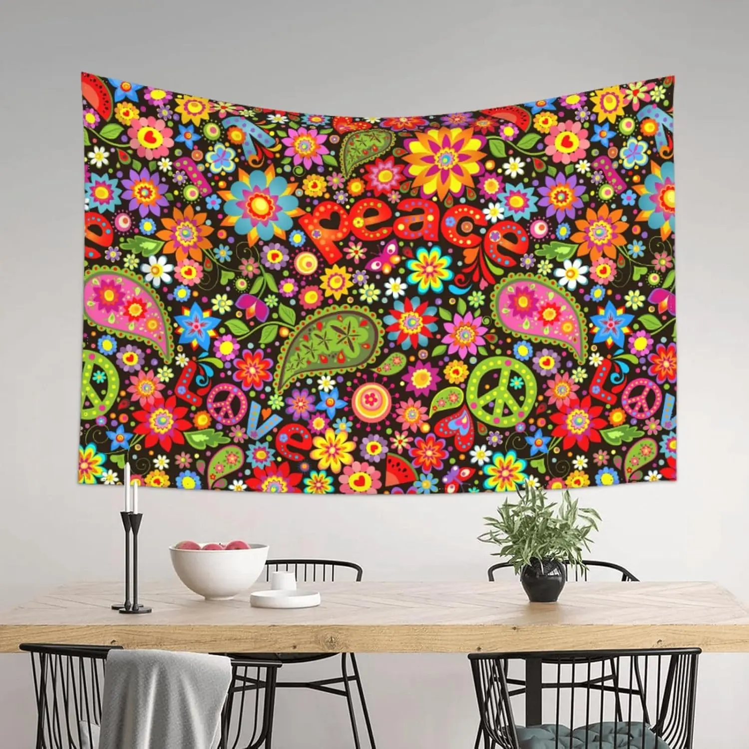 Boho Floral Peace Tapestry Wall Hanging Boho Flower Decor for Living Room Bedroom Hippie Style Colorful Bohemian Tapestry Canvas