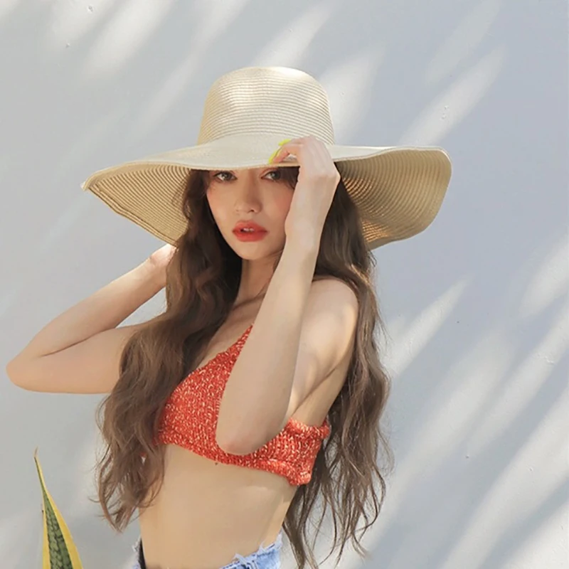 Large Brim Straw Hats for Women Summer Sunshade UV Protection Beach Hat Outdoor Vacation Seaside Foldable Korean Fashion Visors