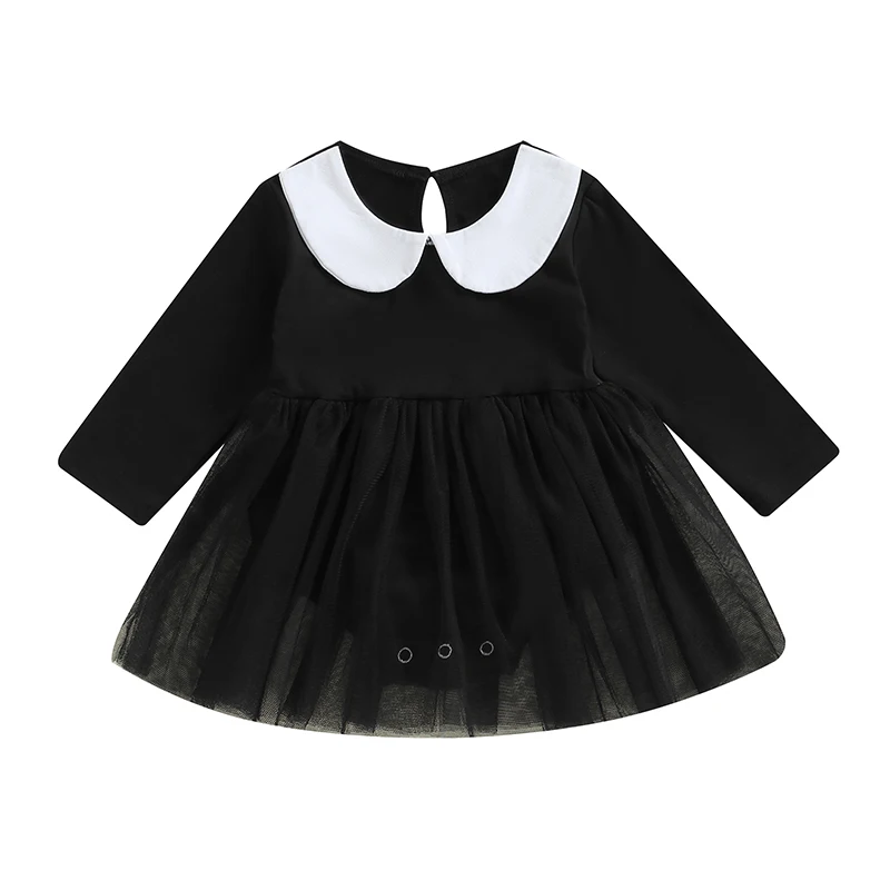 Newborn Baby Girl Halloween Outfit Long Sleeve Doll Collar Romper Tutu Dress Black Bodysuit Halloween Dress 0-24M