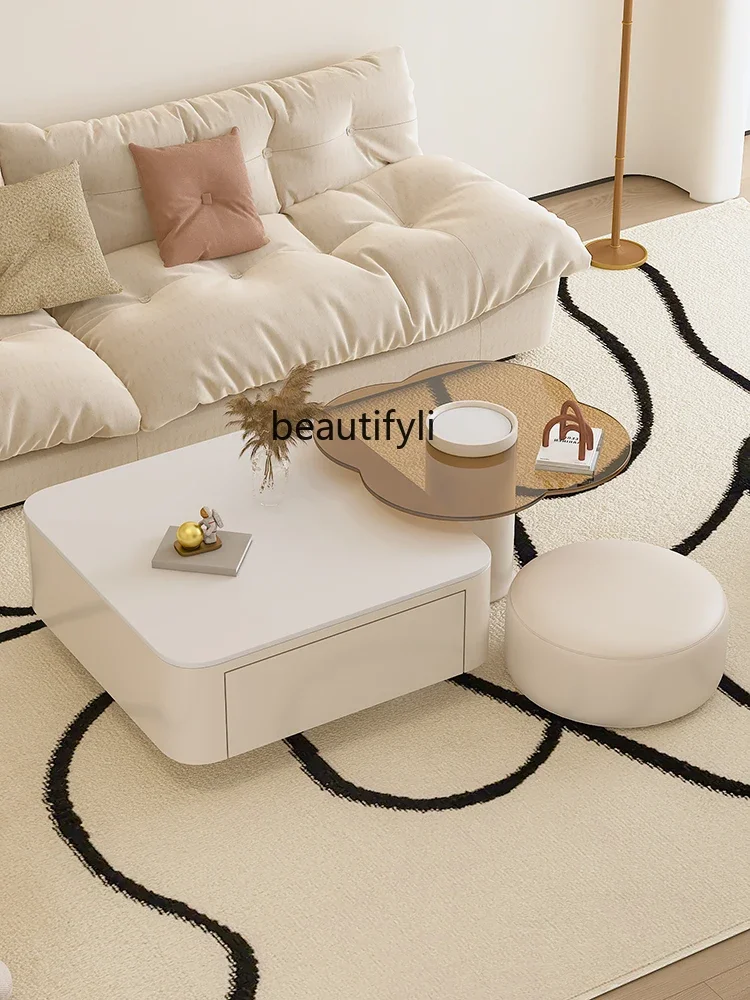 

K185 Cream Style Tea Table Living Room Home Light Luxury Small Apartment Stone Plate Flower Tea Table Combination