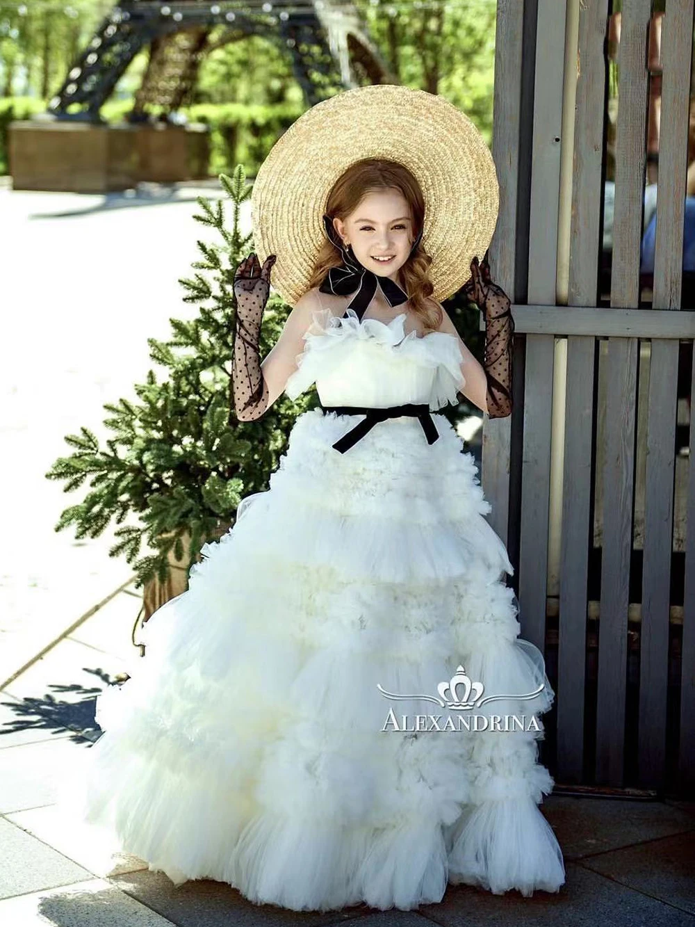 

Princess White Tulle With Black Belt Puffy Sleeveless Flower Girl Dress Ball Gowns For Wedding Birthday Party Communion Dress