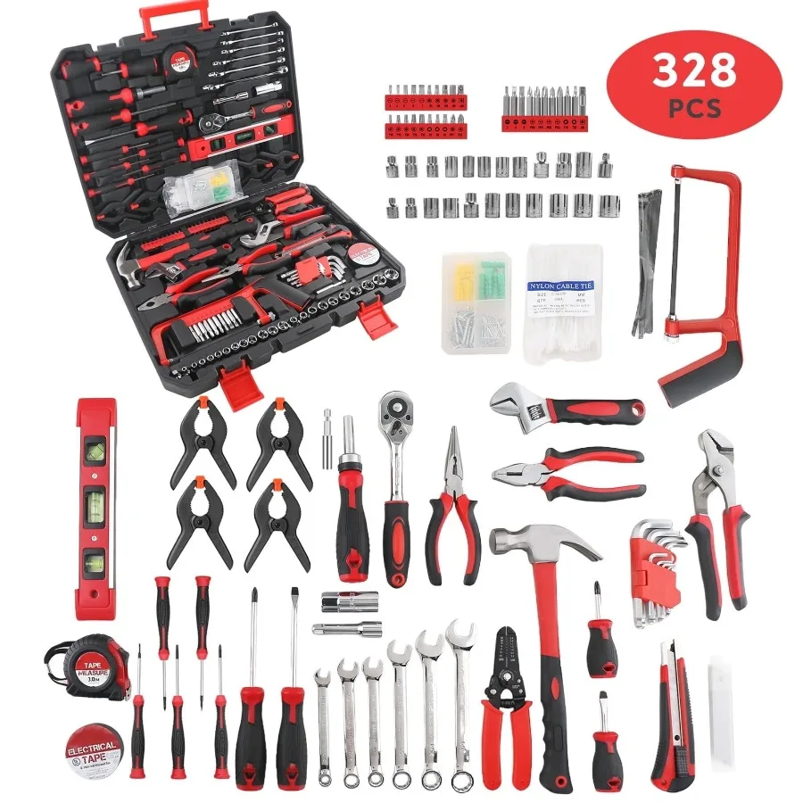 328-Piece Mechanics Tool Set with Case 1 4" and 1 2" Drive Wrenches Professional Tools Kit for Car Repair Red view 2