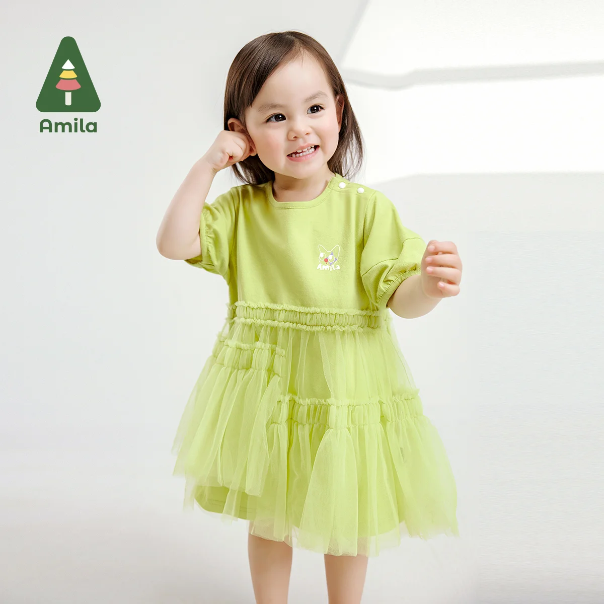 Amila 2024 Summer New Girls\' Skirt Vibrant Green Mesh Patchwork Shag Skirt Irregular Design Birthday Gift Dress