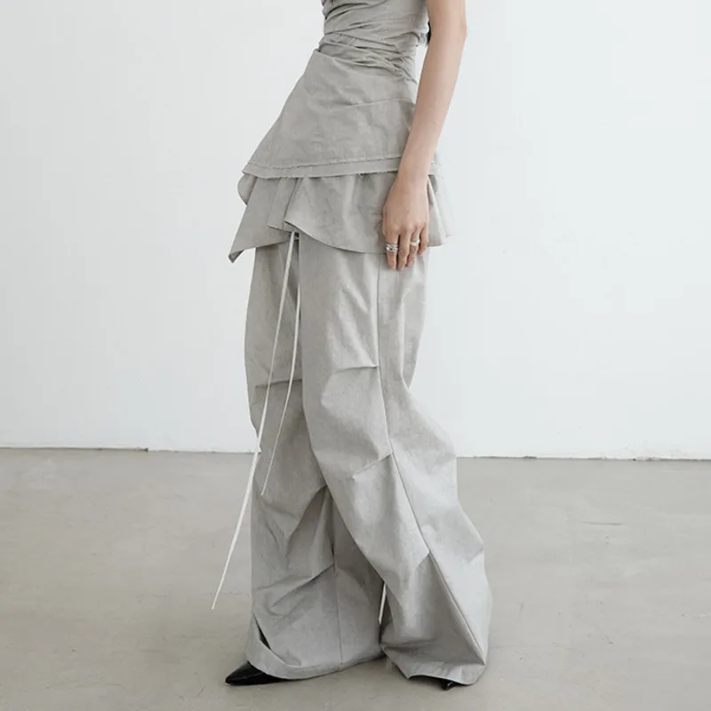 กางเกงขายาวทรงหลวมสไตล์ลำลองสำหรับผู้หญิง รุ่น HKSH คอลเลคชั่นฤดูใบไม้ผลิ/ฤดูใบไม้ร่วง พร้อมกระโปรงมินิสเกิร์ตแบบถอดได้ แต่งระบายผูกเชือก จีบพลีท ดีไซน์หรูหรา รุ่น HK12477