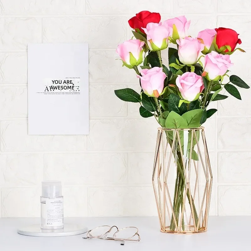 Modern Simple Rose Gold Wire Metal Transparent Glass Tube Decorative Iron Test Vase for Desktop