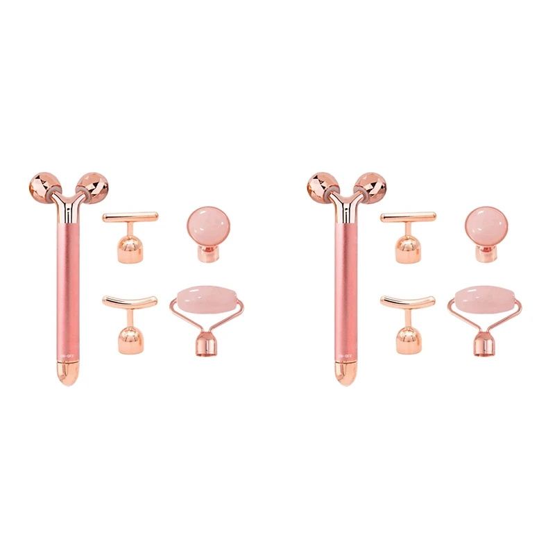 

2X 5-In-1 24K Gold Beauty Bar Face Massager Electric Rose Quartz 3D Roller Face Lifting Body Facial Gua Sha Jade Roller