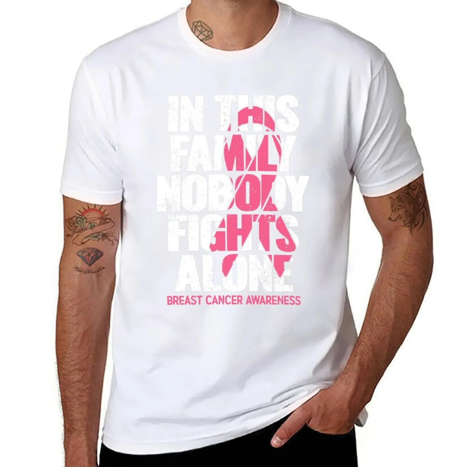 

In This Family Nobody Fights Alone Breast Cancer Awareness T-Shirt man t shirt cotton high quality T-Shirt
