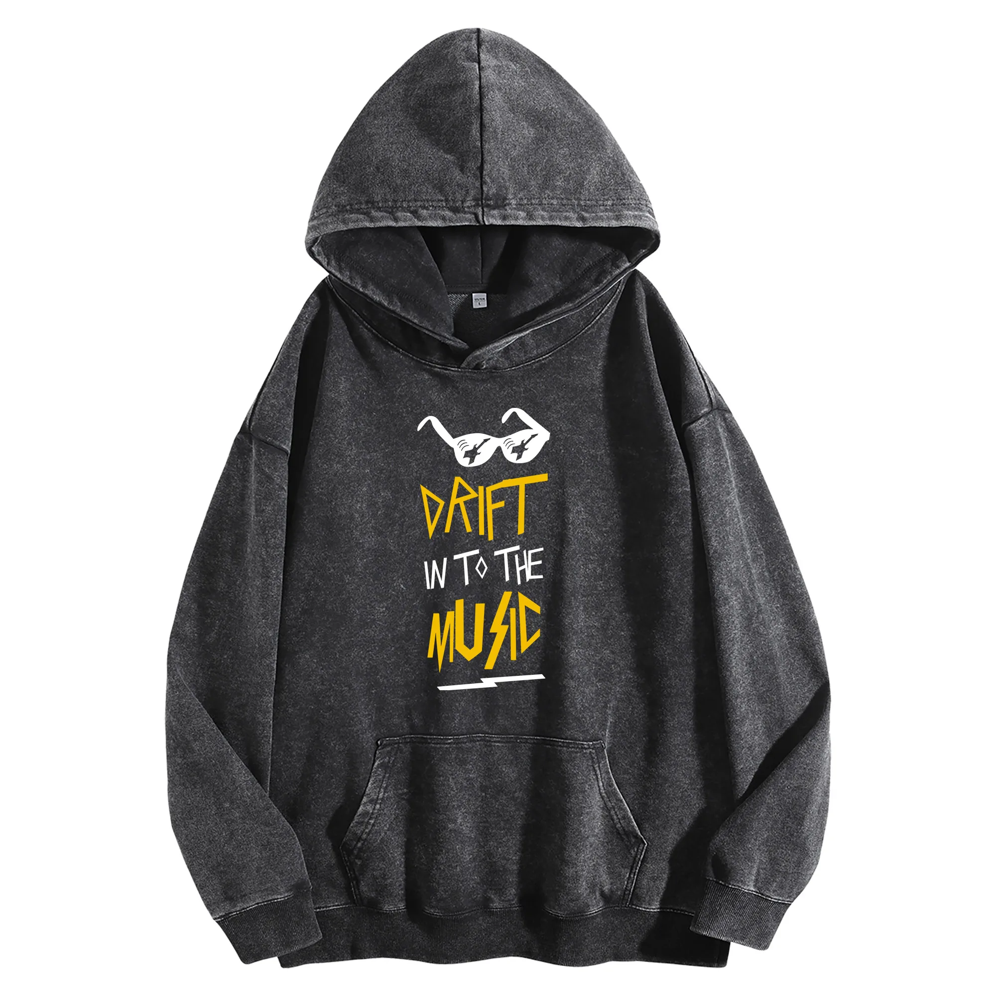 

DRIFT IN TO THE MUSIC Графический принт 400 г Винтажная стираная толстовка унисекс Уличная одежда большого размера Пуловер осень/зима Коллекция