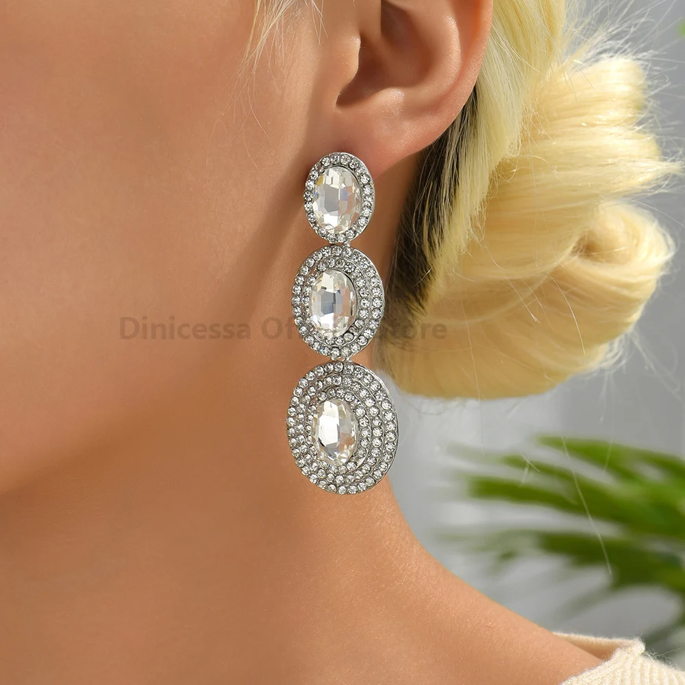 Modern Elegant Fashion Multiple Round Metal Full Crystal Dangle Earrings Luxury Fairy Grunge Jewelry Vintage Ear Accessories