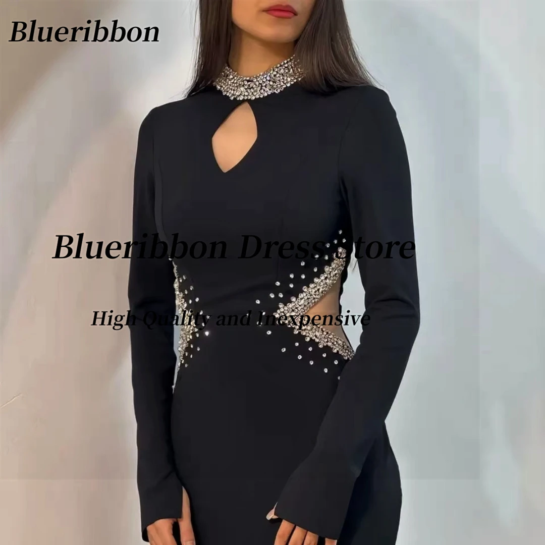 Blueribbon Customized Keyhole High Collar Evening Dresses Beading Sexy Cutaway Sides Prom Dress Long Sleeves Vestidos Des Noches