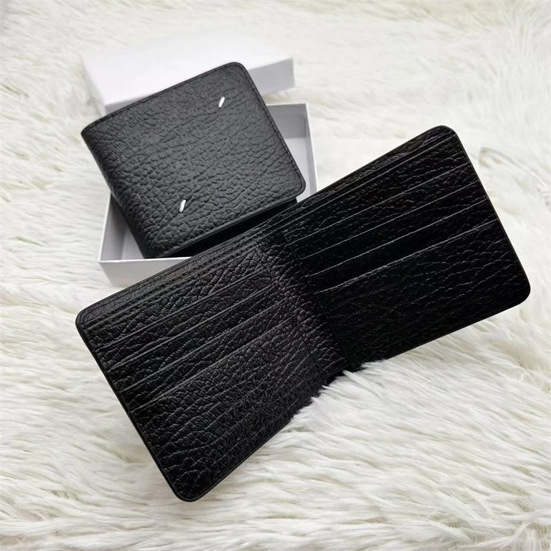 Classic Standard Black Cowhide Half Fold Wallet Card Bag Men's and Women's Fashion Minimalist Lychee Pattern Wallet