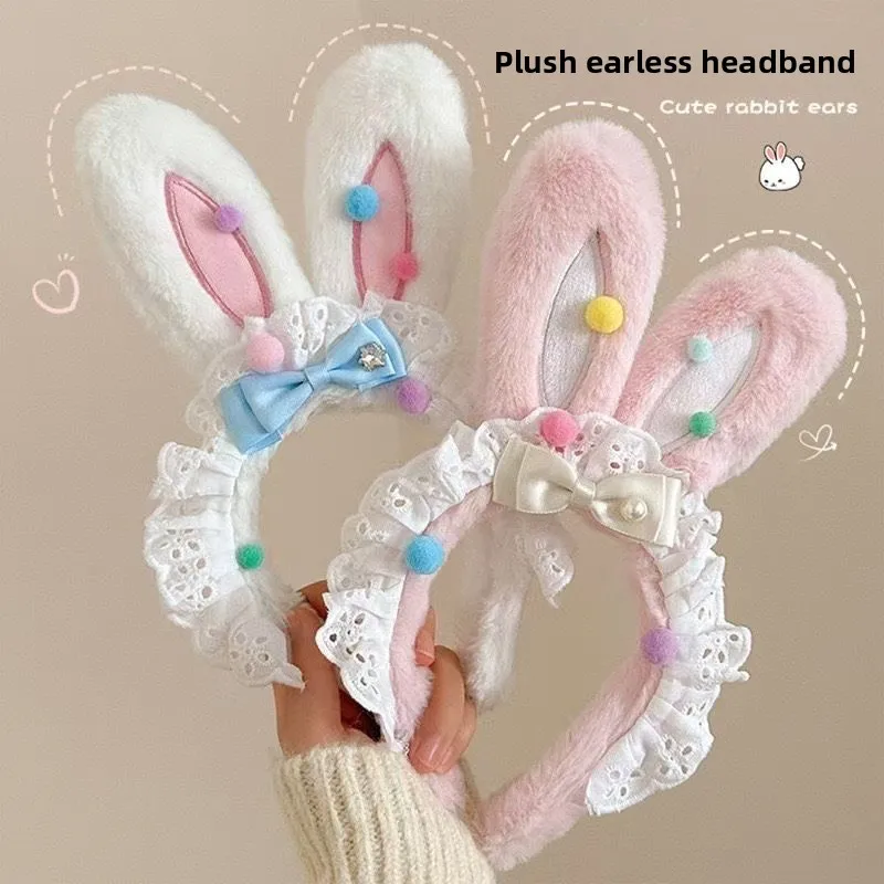 

Новая милая плюшевая повязка на голову с бантиком и кроличьими ушками, с кружевной отделкой для изысканности. Мягкая, приятная для кожи, не повреждает волосы. Идеально подходит для умывания.